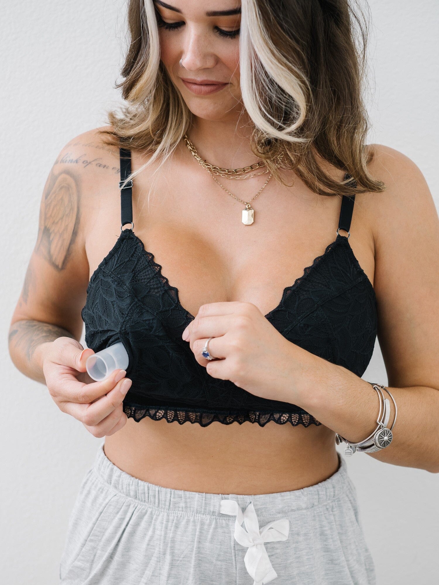 Davin Adley Riley Lace Bralette S Cream One Handed Nursing Pumping Bra with Adjustable Band and 3 Flange Slit S Cream Davin and Adley